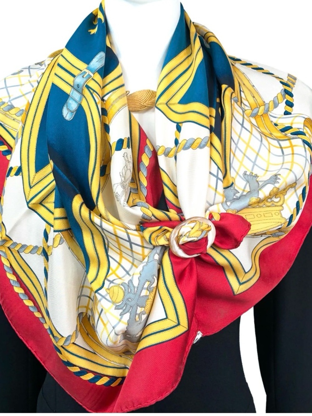 Hermes “Grande Tenue” silk twill scarf by Henri d’Origny Royal Blue & Red France - Picture 2 of 11